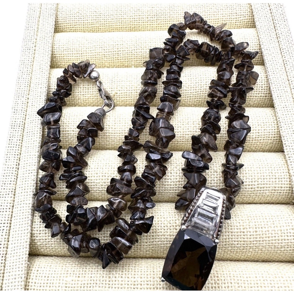 Chuck Clemency Sterling Silver Pendant Smokey Topaz on Stone Chip Necklace 18"